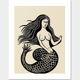 Woodcut Mermaid Posters and Art